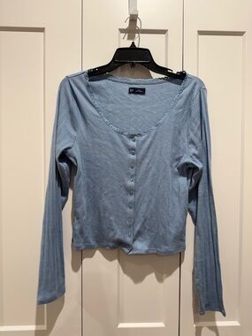 GAP Sky Blue Ribbed Button-Front Long Sleeve Top